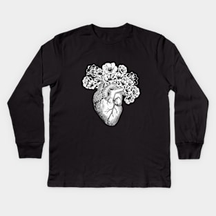 Human heart black and white with crow flowers anemones Kids Long Sleeve T-Shirt